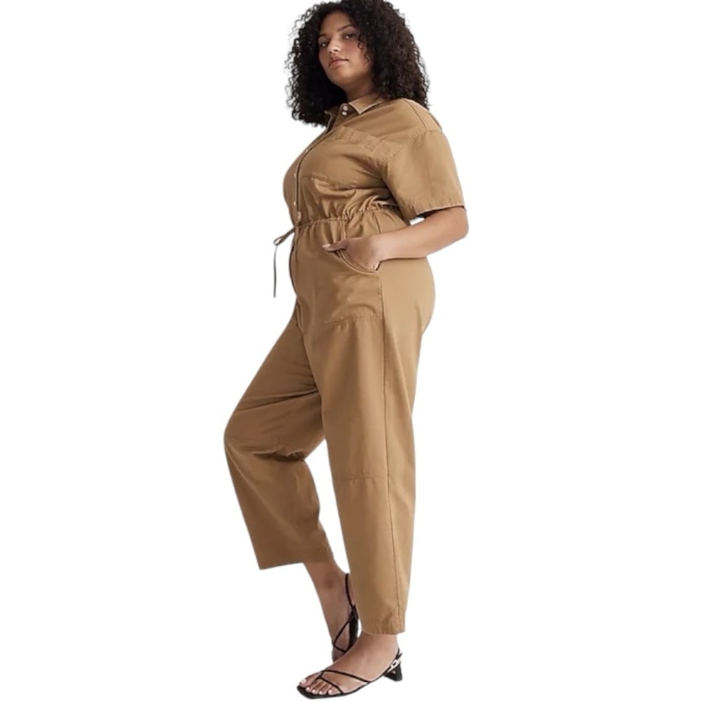 Madewell Tie-Waist Short Sleeve Jumpsuit in (Re)generative Chino Dark Khaki 14